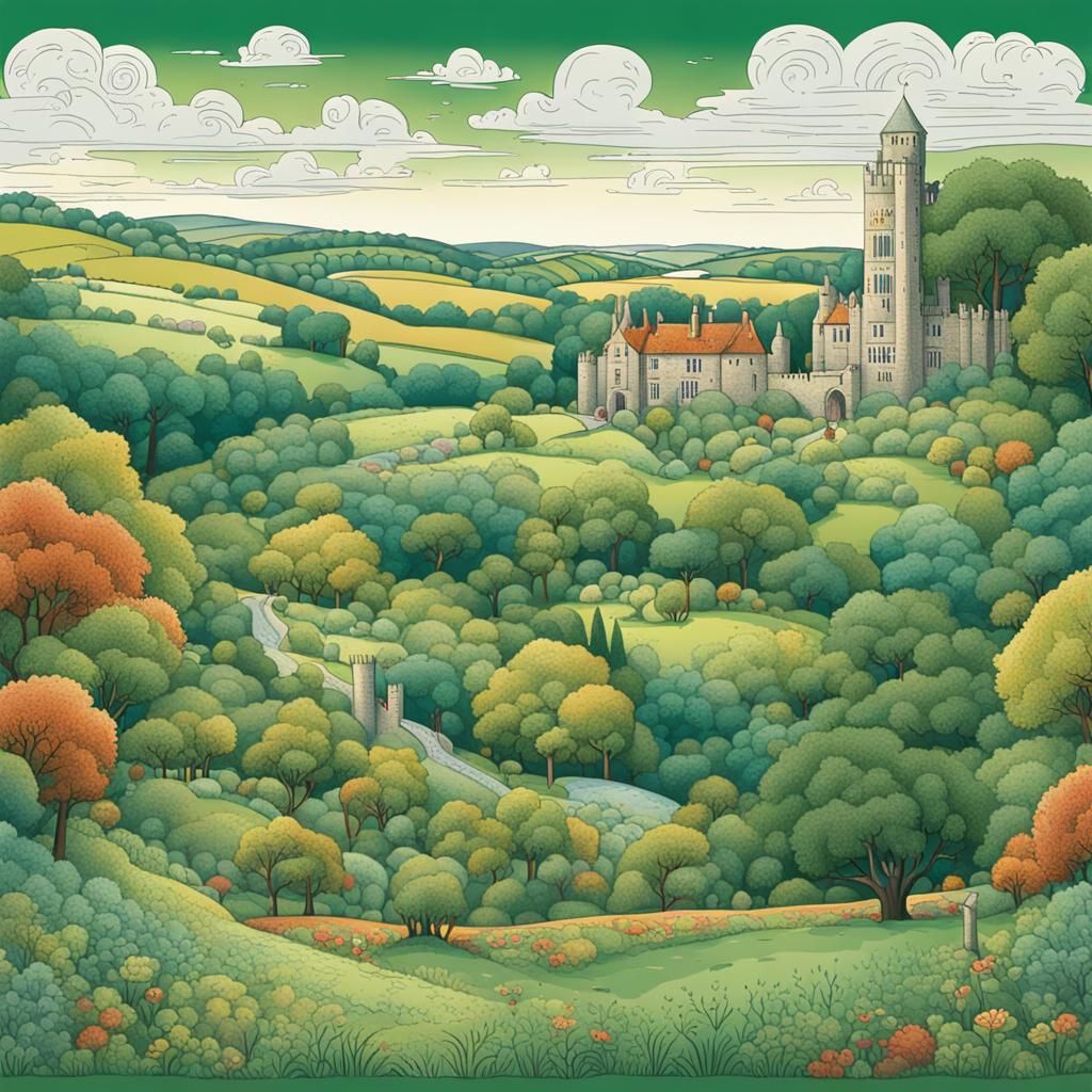 Pastoral Landscape with Hare Castle, Kit Williams Style