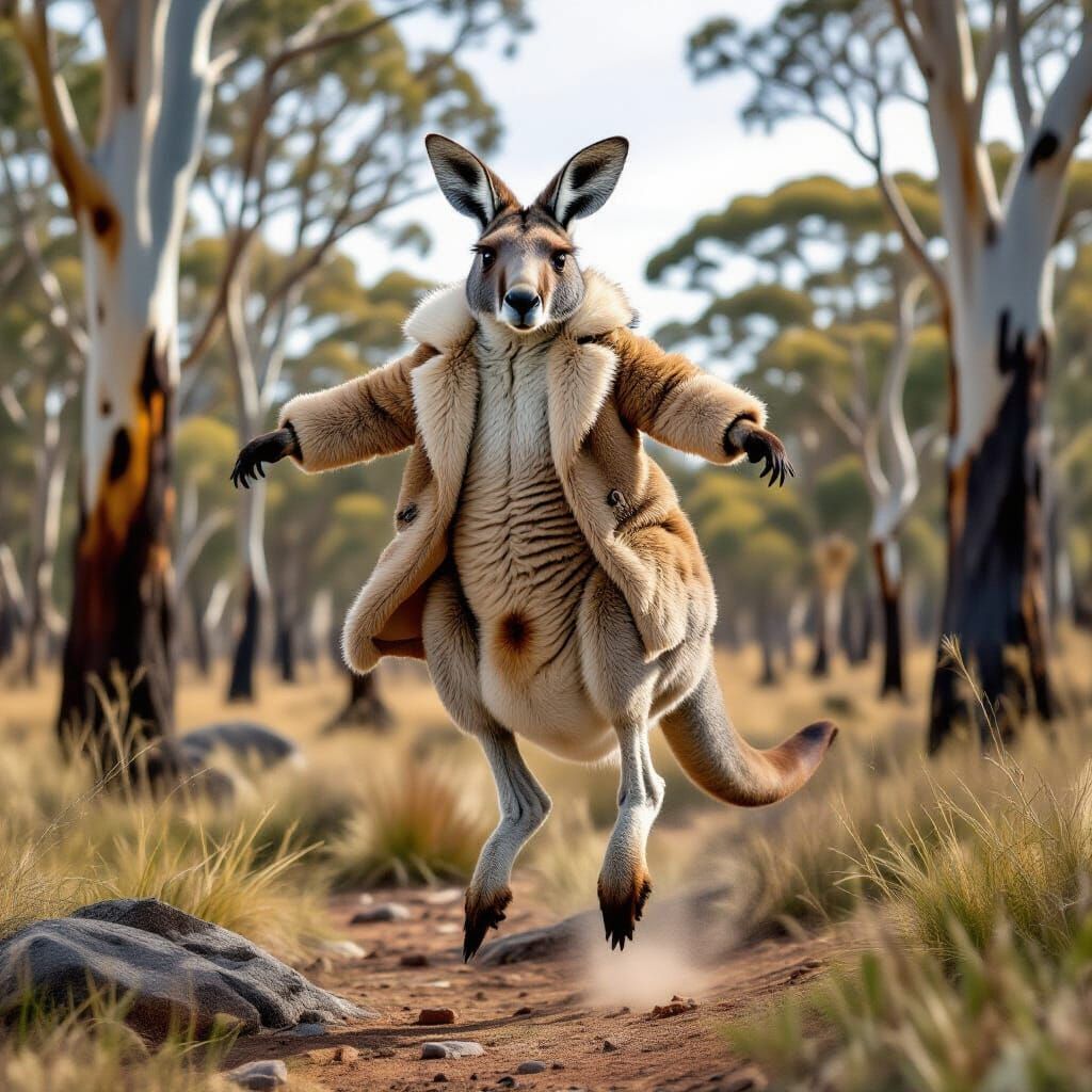 Kangaroo in Fur Coat Leaps Through Wilderness