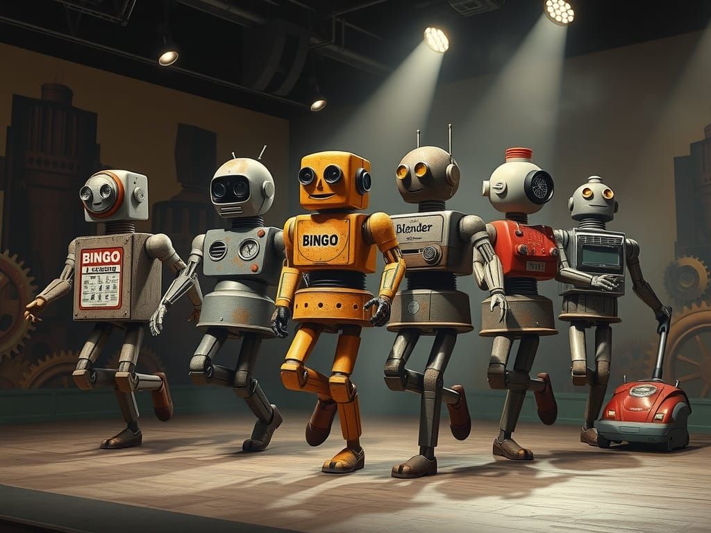 Chorus Line of Rusty Robot Appliances in Retro-Futuristic St...