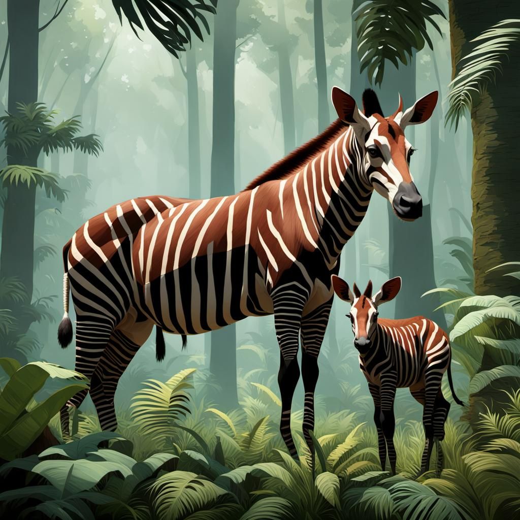 Okapi Mother and Baby in Jungle Concept Art