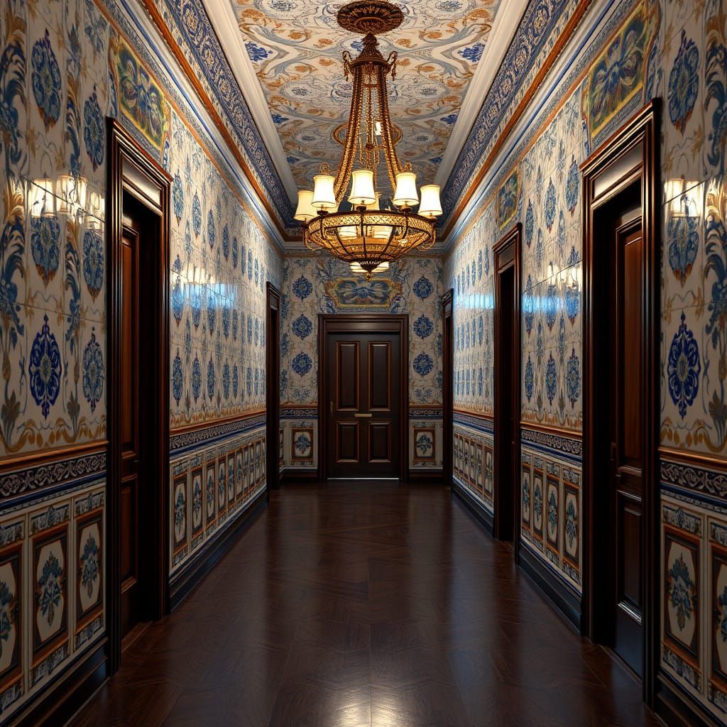 Traditional Russian Gzhel Hallway Scene in Maximalist Digita...