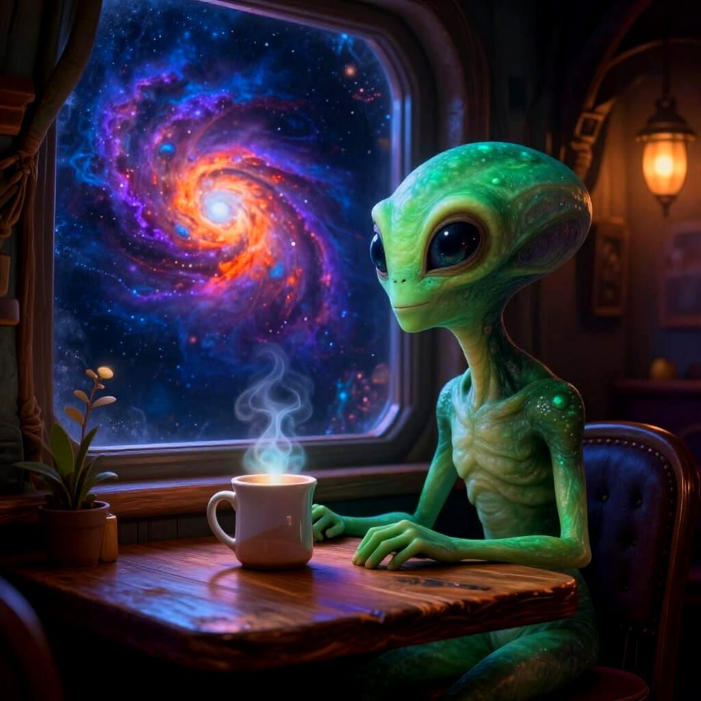 Alien Cafe Scene with Nebula View, Fantasy Concept Art