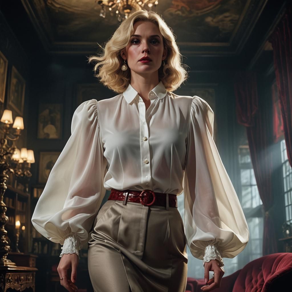 Blonde Woman in Silk Blouse, Detailed Matte Painting