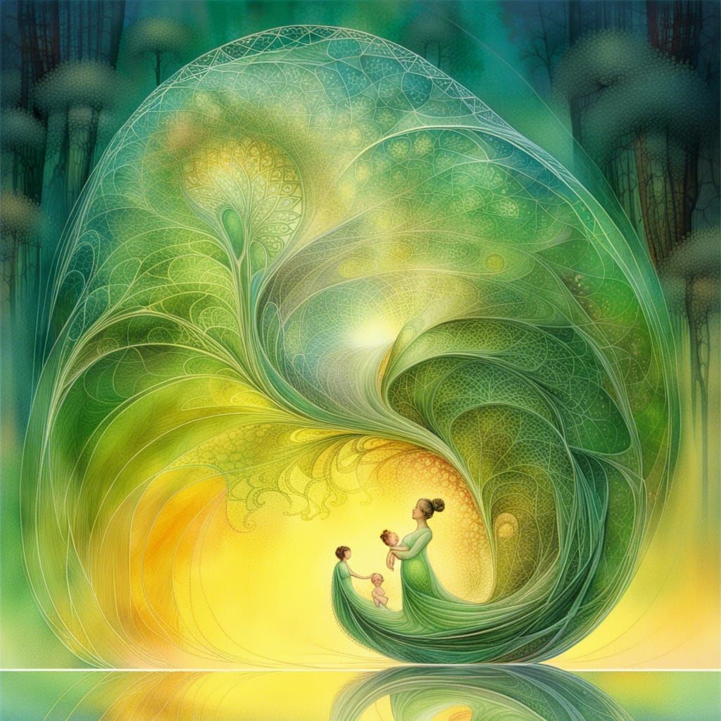 Pregnant Mother and Child in Fractal Forest