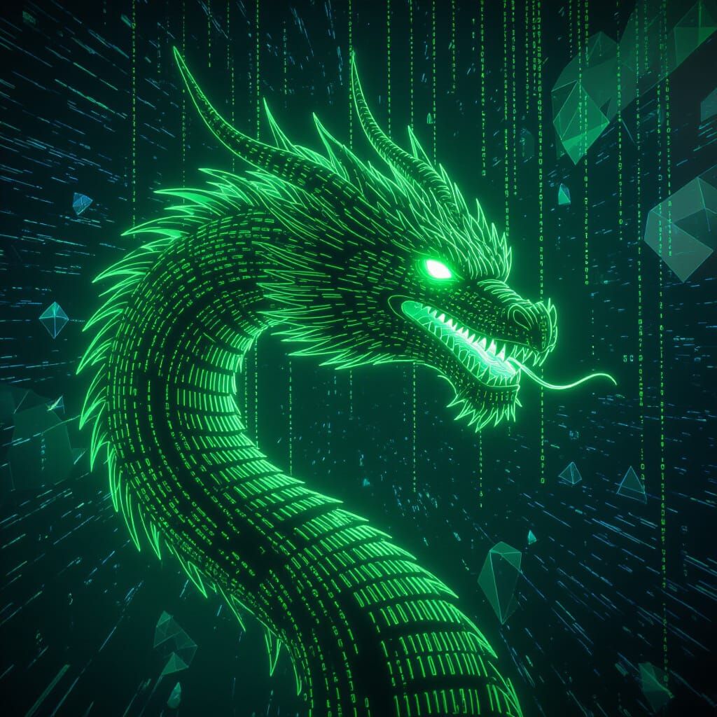 Colossal Binary Code Dragon Soars Through Digital Void