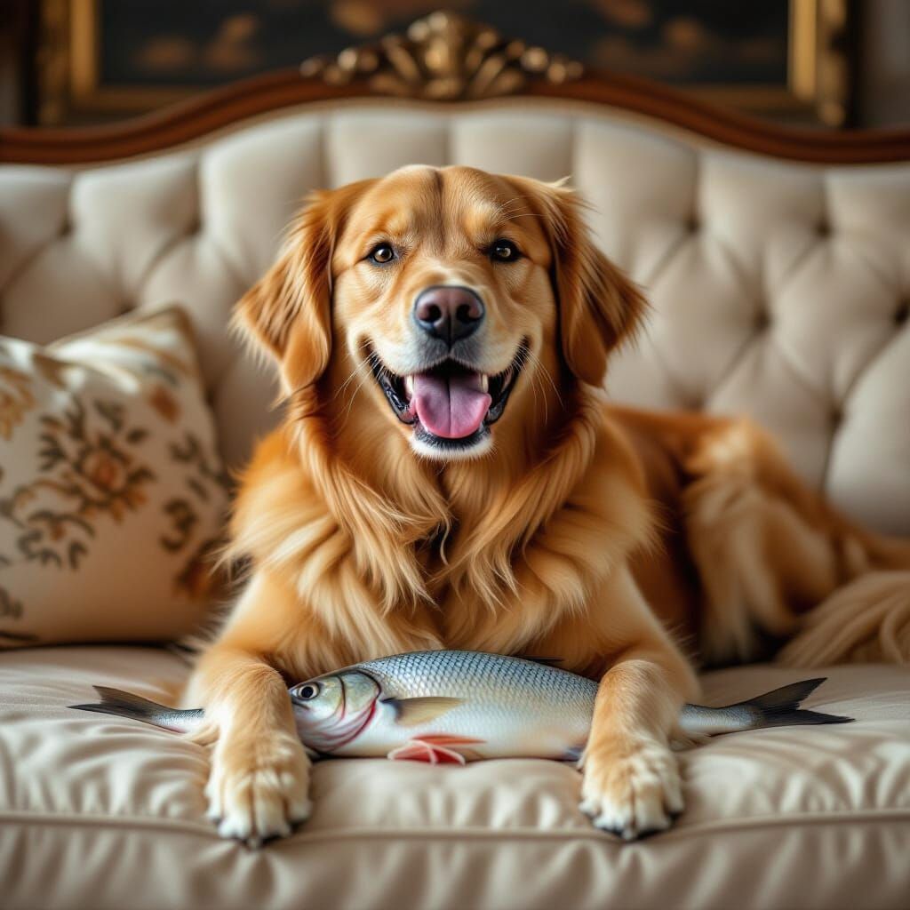 Golden Retriever Enjoys Fish on Silk Sofa