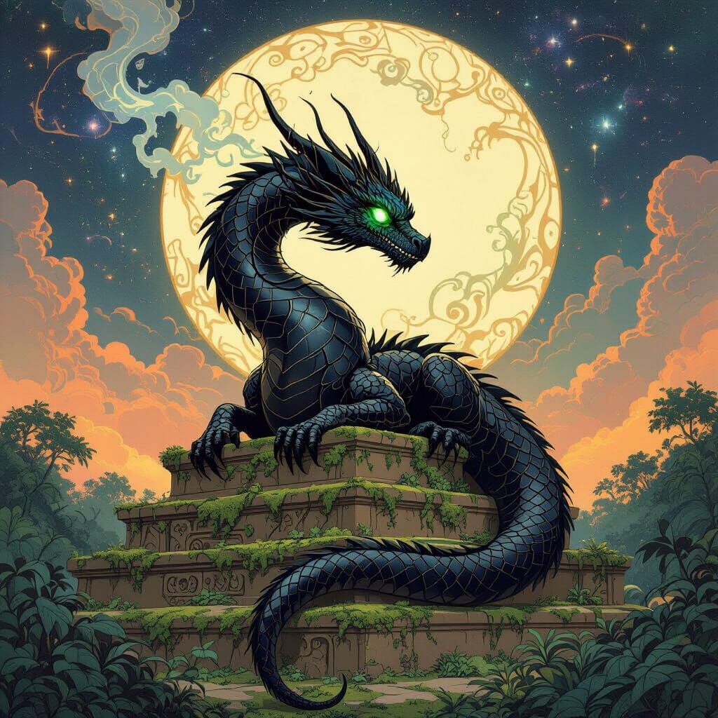 Obsidian Dragon Guardian in Art Nouveau Style