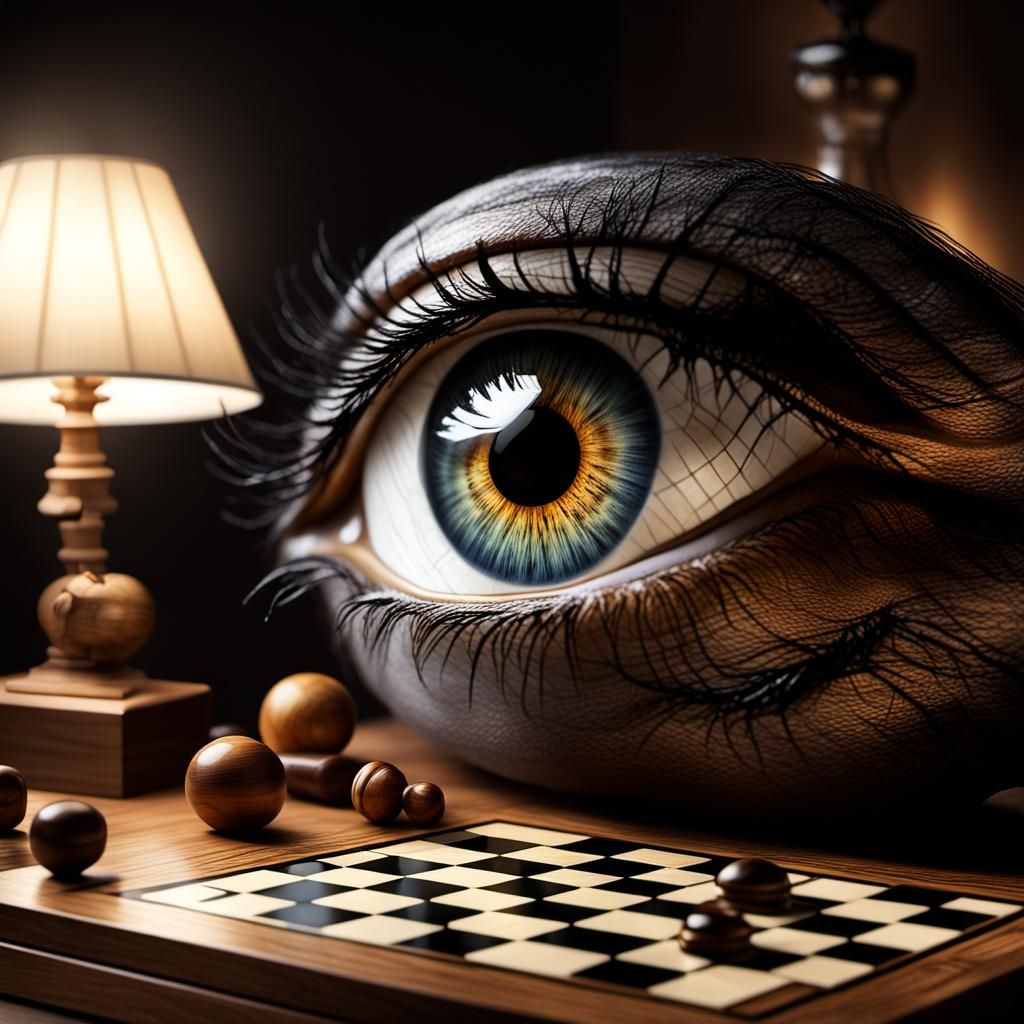 Hyperrealistic Eye Reflecting Vintage Chess Scene