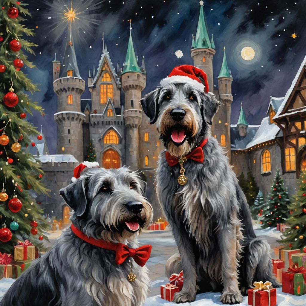 Festive Irish Wolfhound at Christmas Castle, Fantasy Art