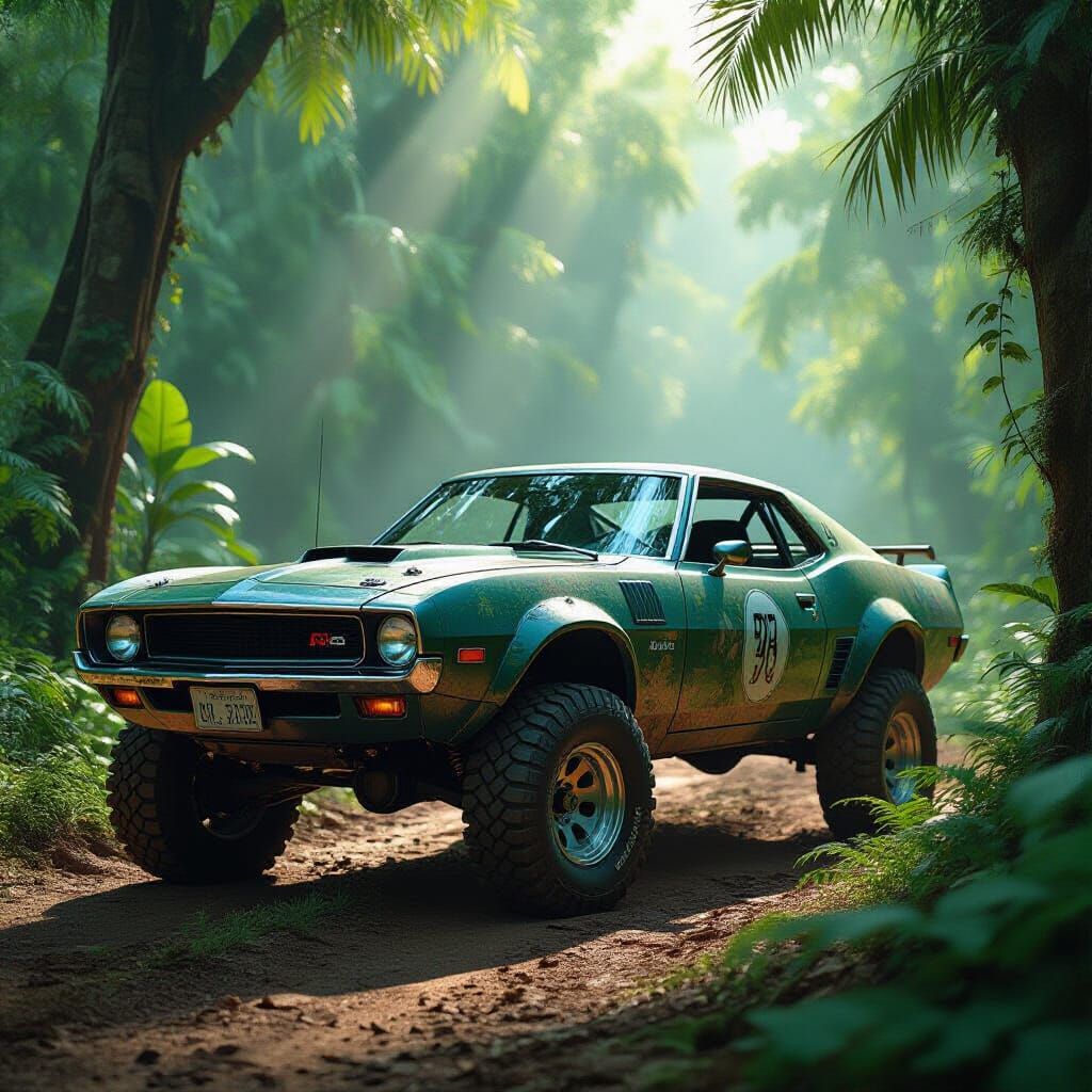 AMC AMX Navigates Jungle Path in Hyperrealistic Scene