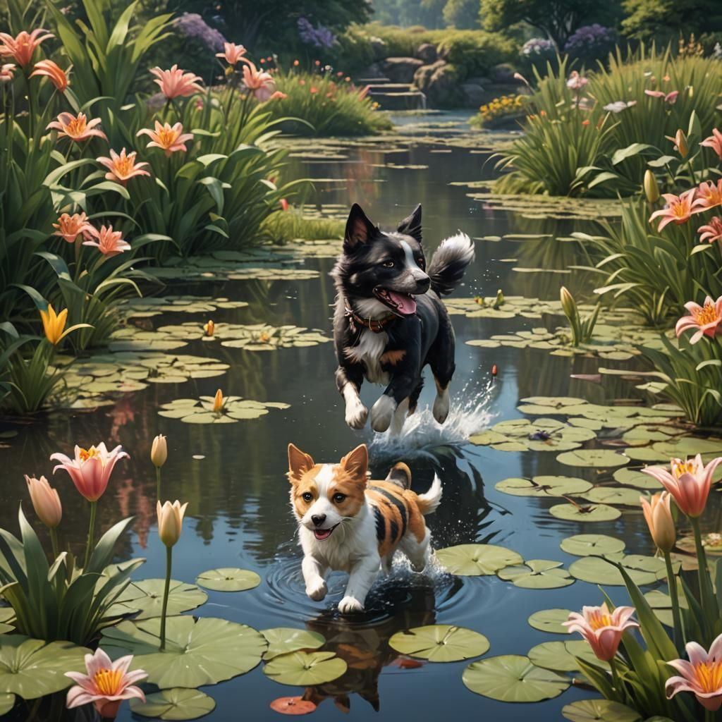 Dog and Cat Running in Lily Field: Fantasy Art