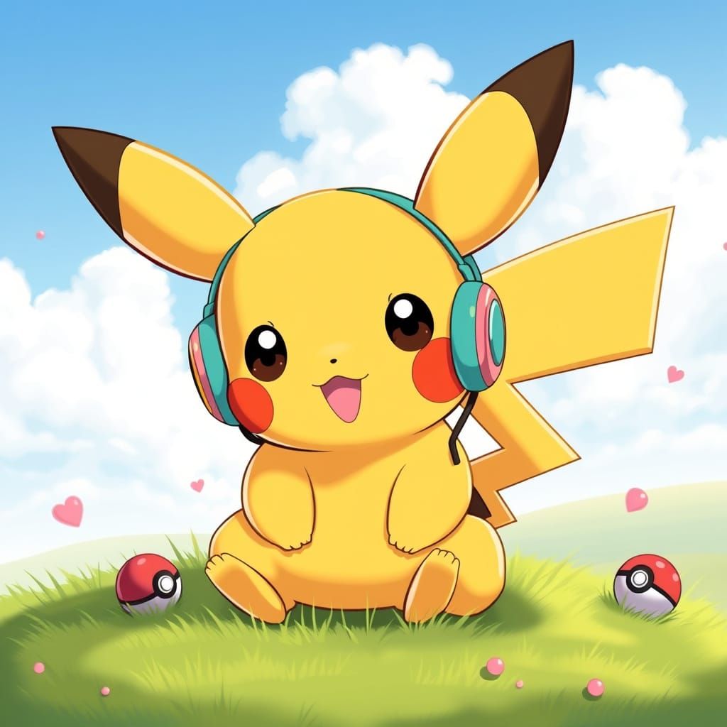 Chibi Pikachu in Vibrant Headphones
