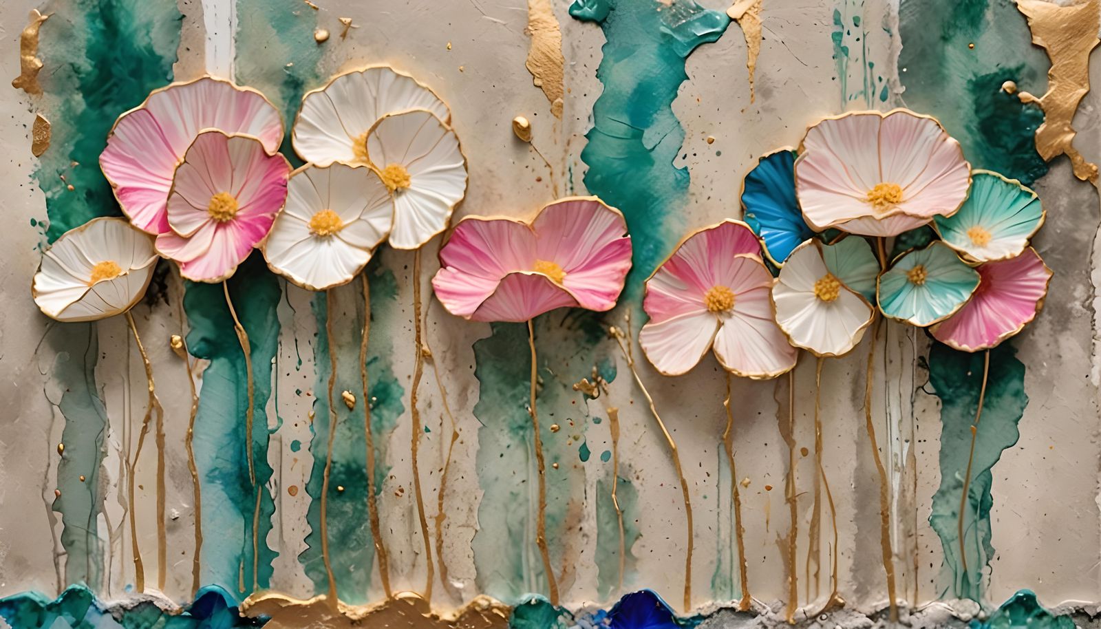 Gold-Edged Translucent Flowers in Alcohol Ink Style