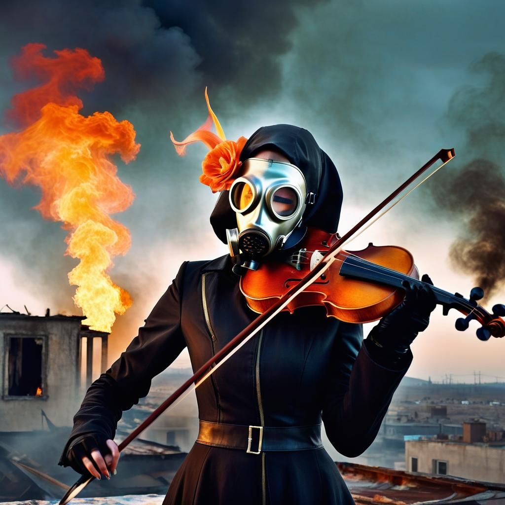 Dystopian Violinist in Post-Apocalyptic Ruins