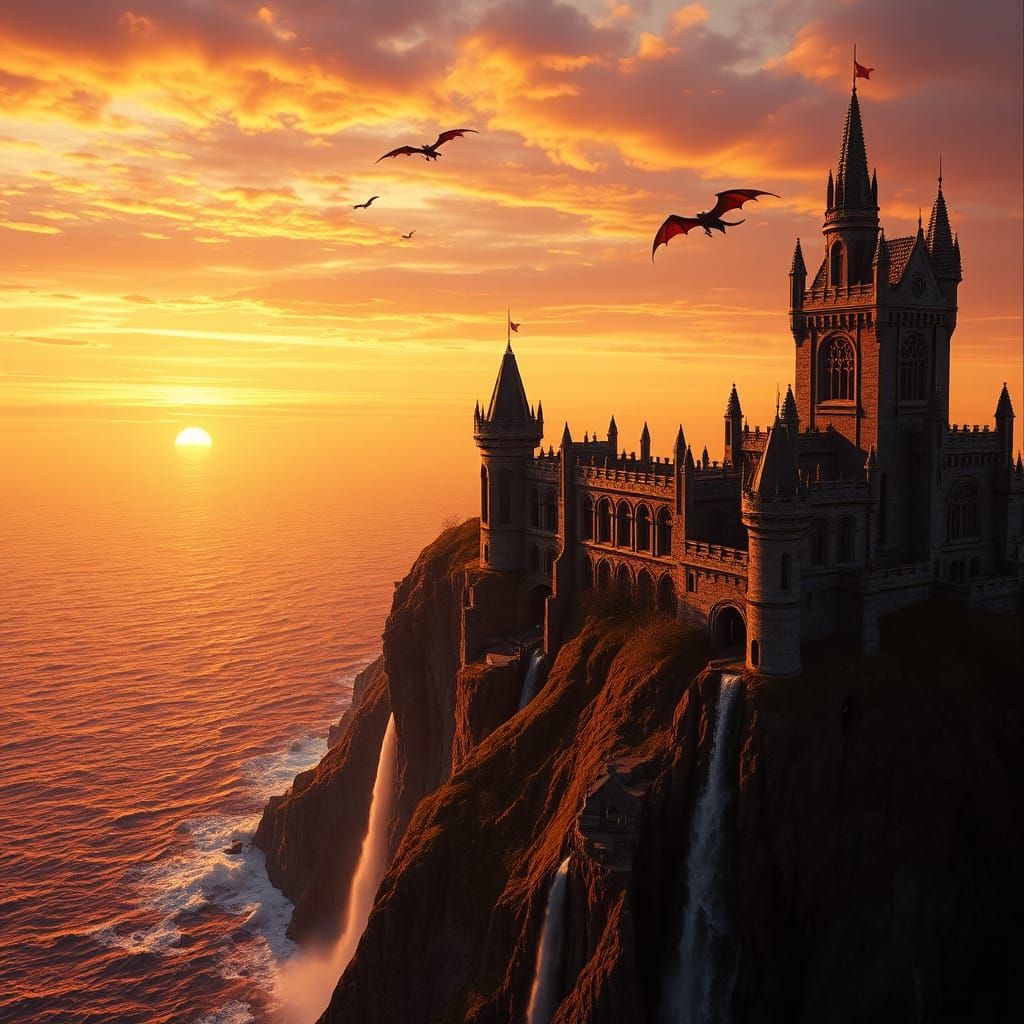 Majestic Castle Overlooking Turbulent Ocean at Sunset