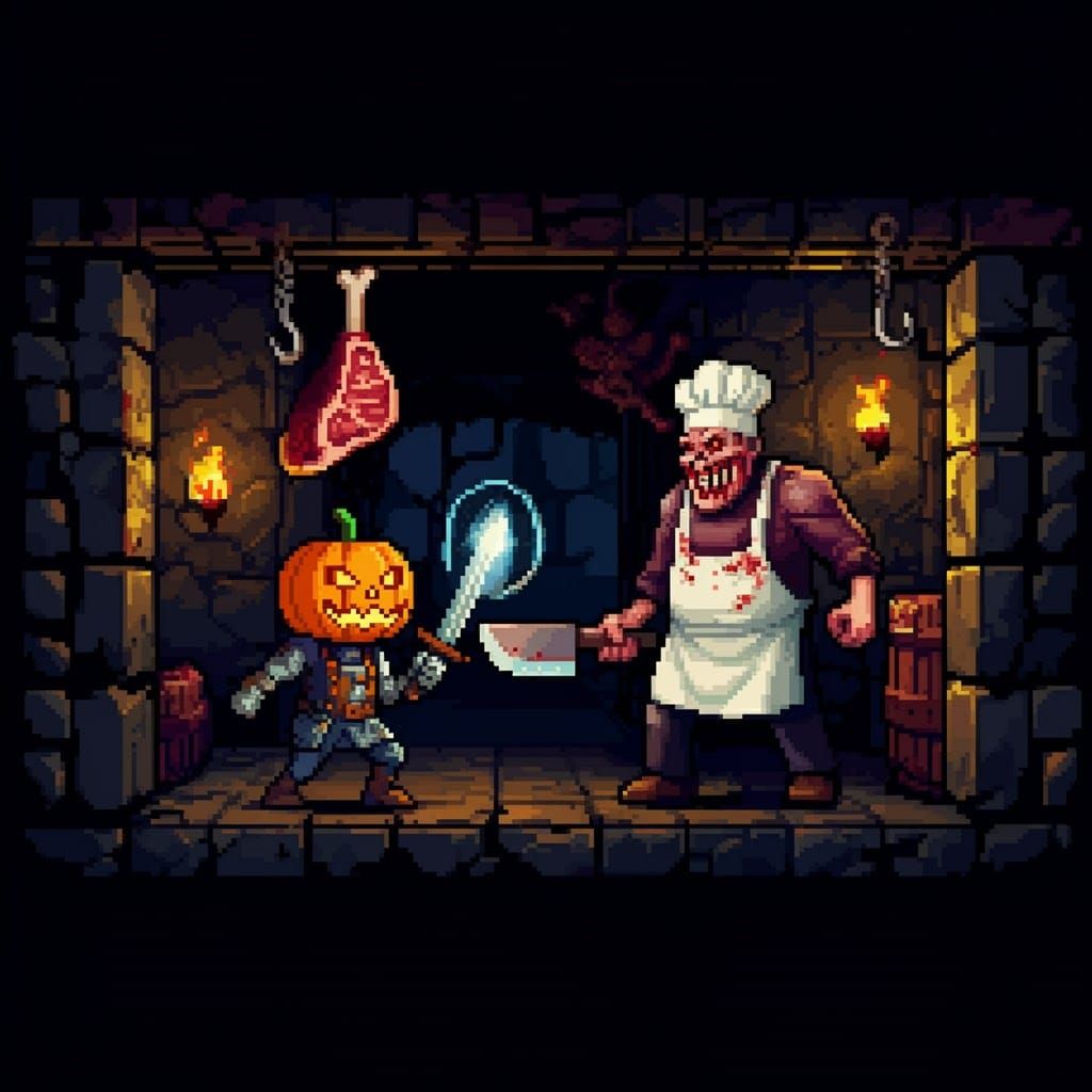 Pixel Art Pumpkin Knight vs Evil Butcher