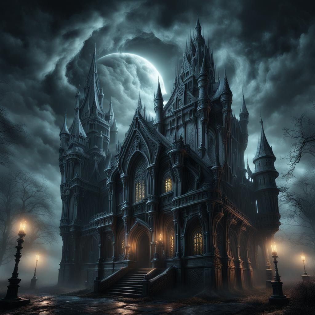 Gothic Castle in H. R. Giger Style at Night