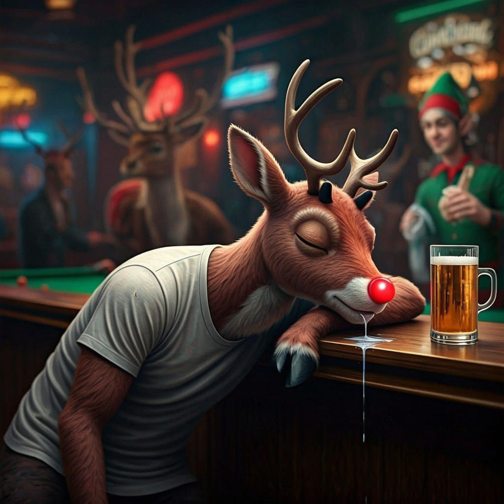 Disheveled Rudolph at the Christmas Bar