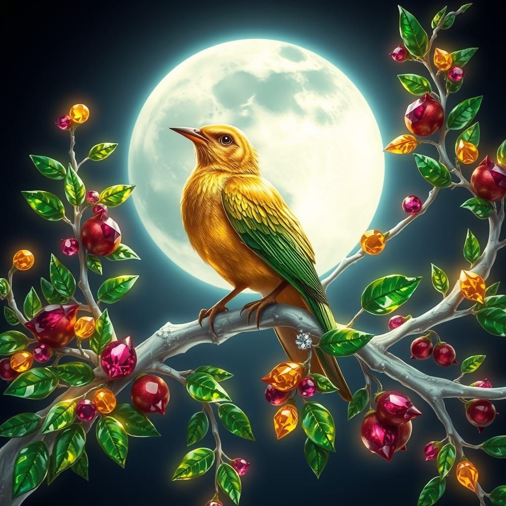Golden Bird with Jewel-Encrusted Leaves Under Moonlight