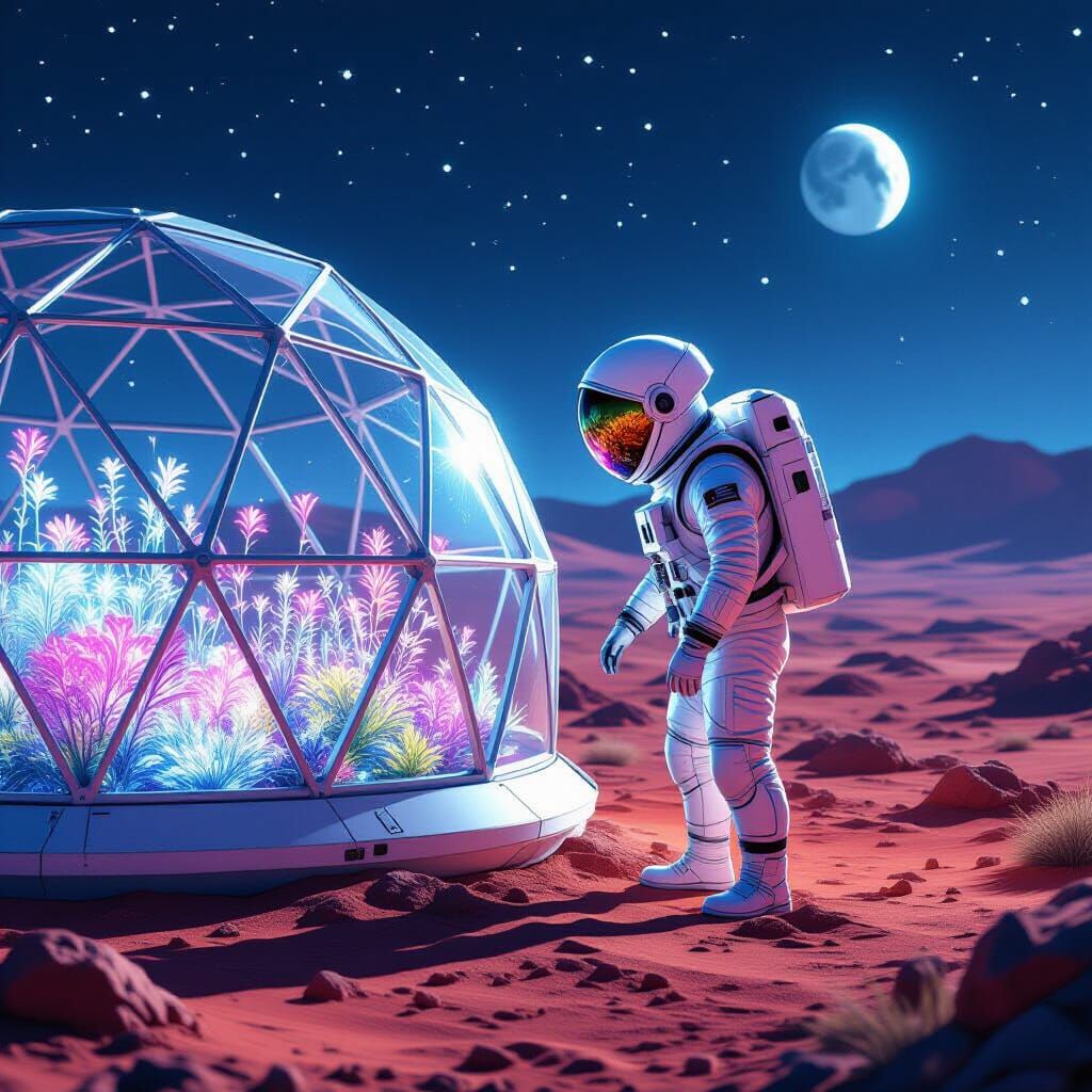 Astronaut Tends Glowing Martian Garden in Geodesic Dome