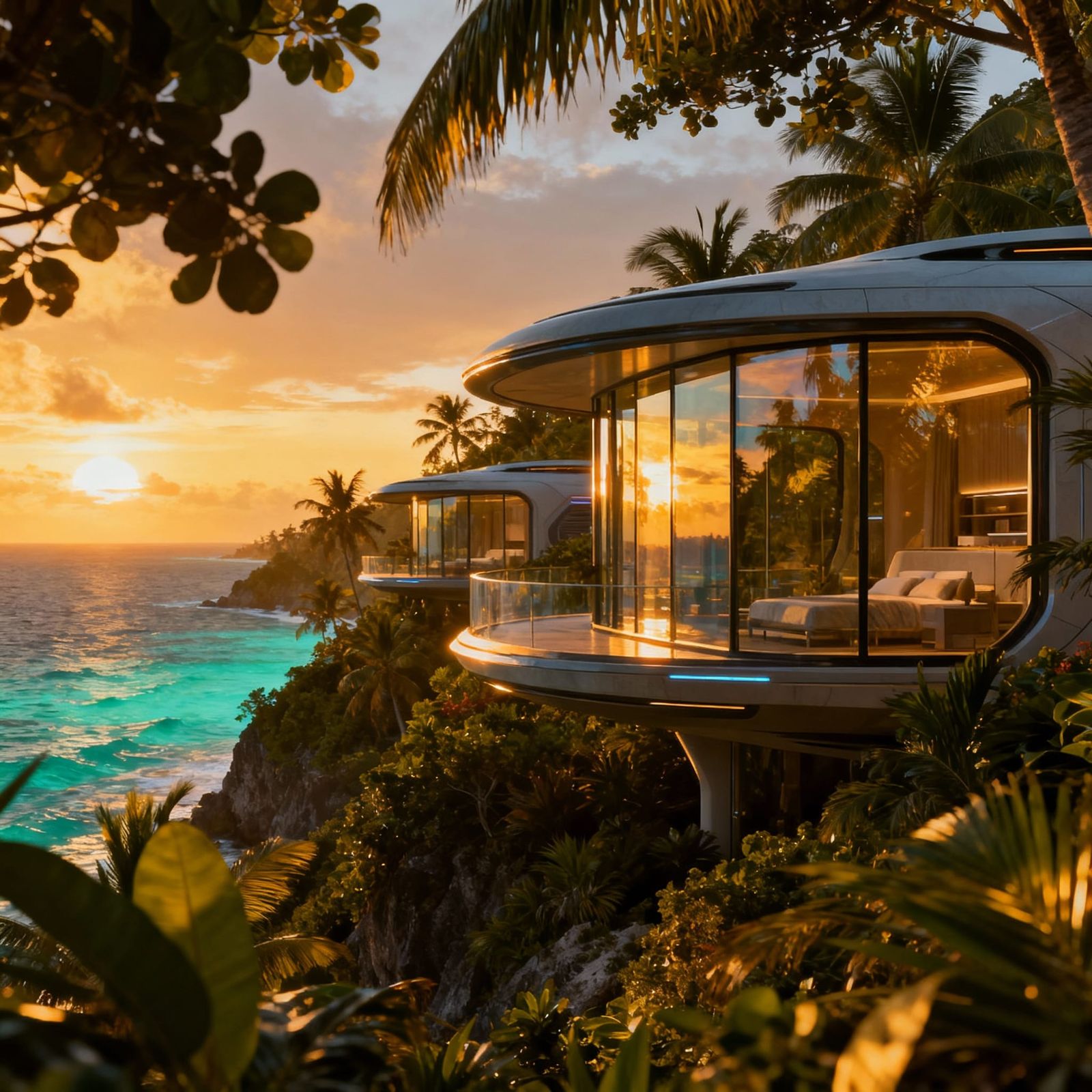Futuristic Caribbean Hotel at Sunset Concept Art