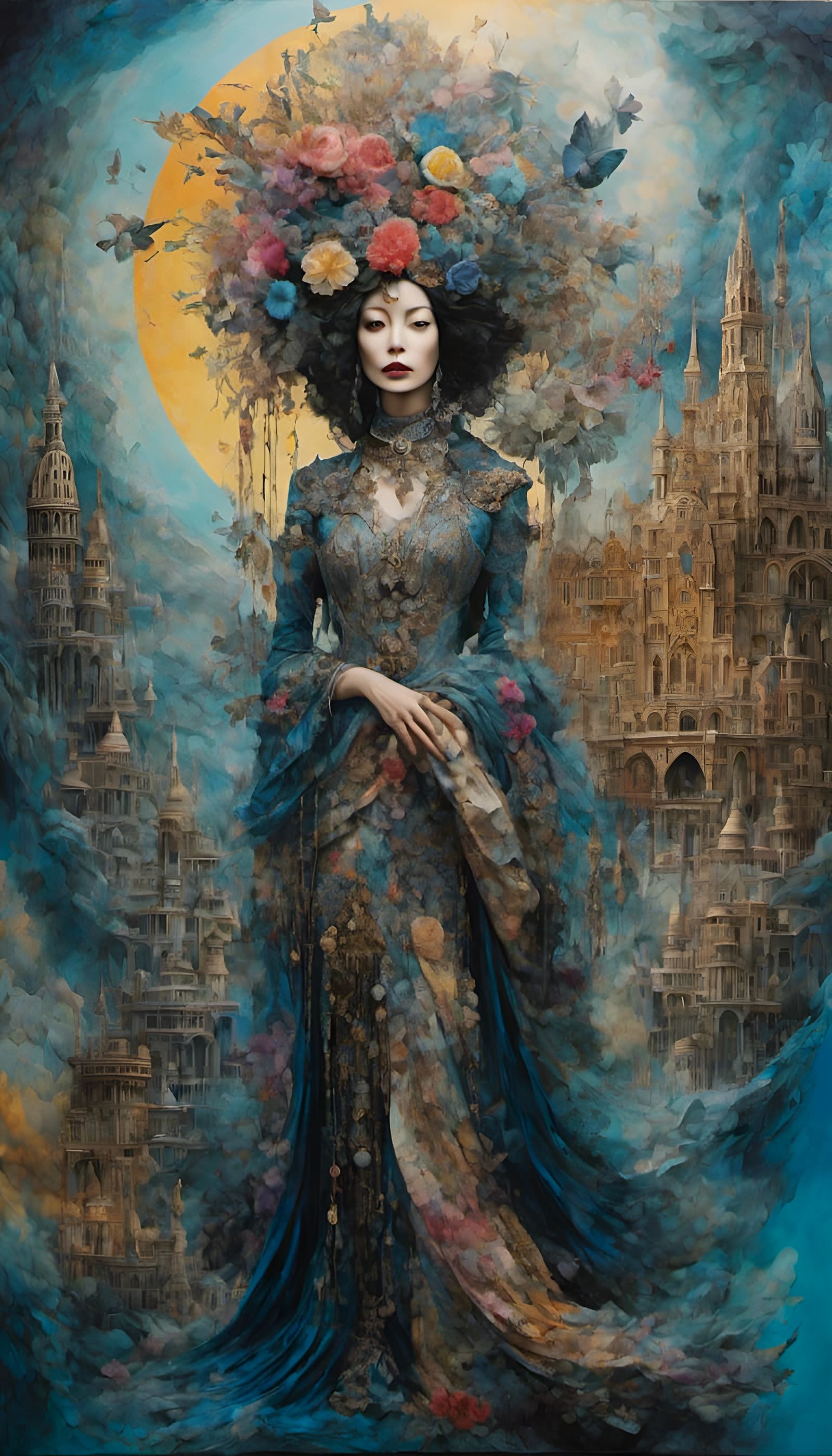 Mysterious Woman in Mixed-Media Painting