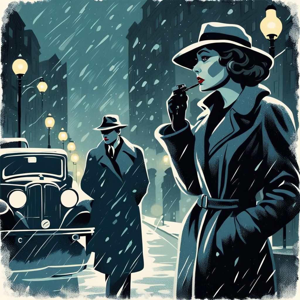 A striking film noir-inspired illustration of a determined female detective, standing resolutely amidst a swirling snows...