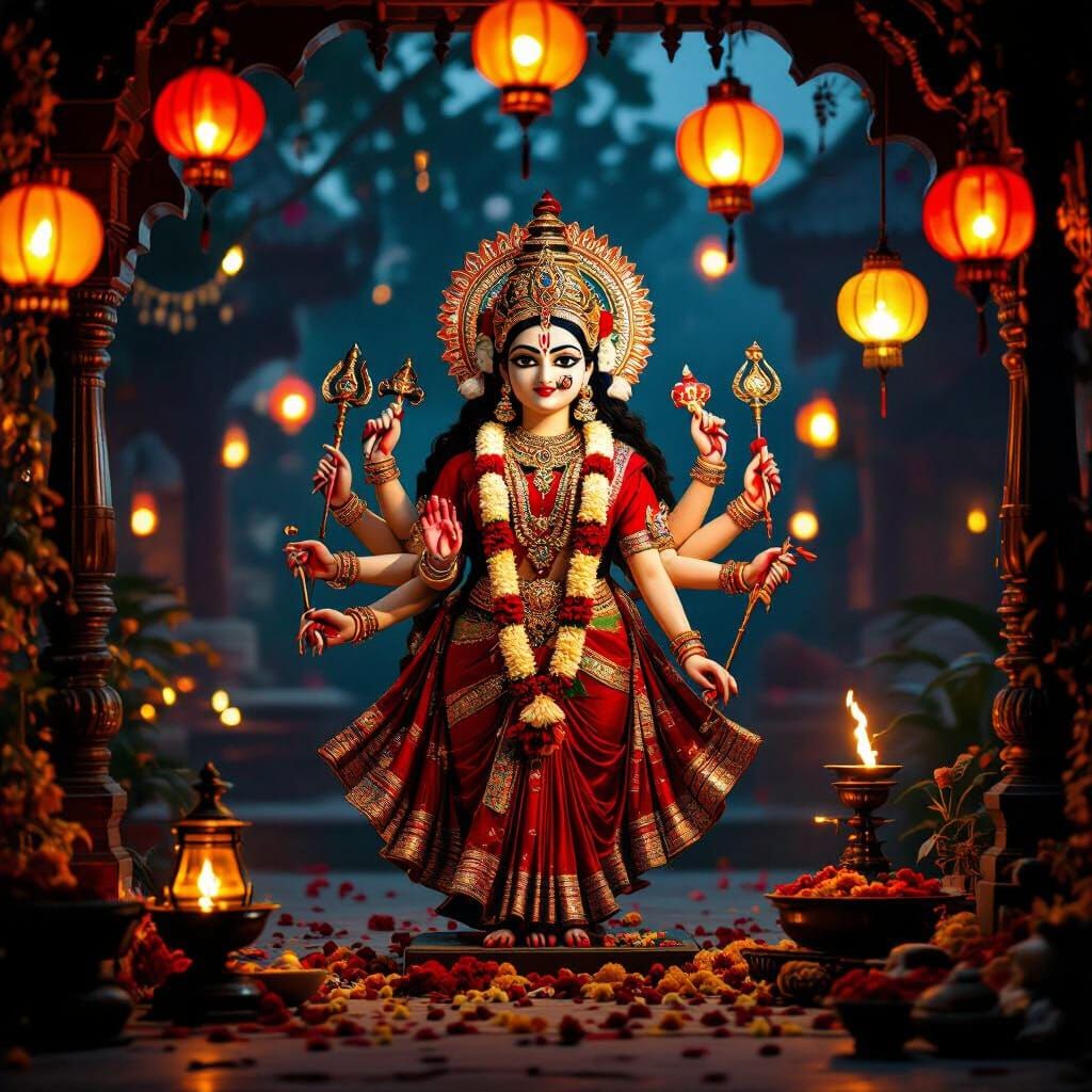 Goddess Durga in Vibrant Puja Scene, Inspired by Tagore