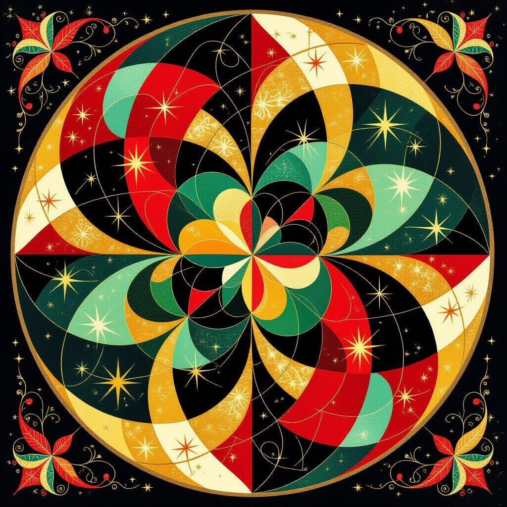 Abstract Geometric Christmas Art in Red, Green, and Gold