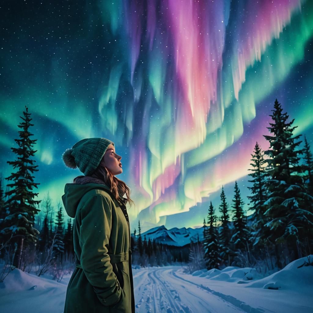 Girl Gazing at Northern Lights in Watercolor Style