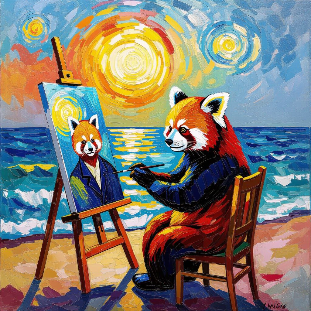 Red Panda's Seashore Self-Portrait in Impressionist Style