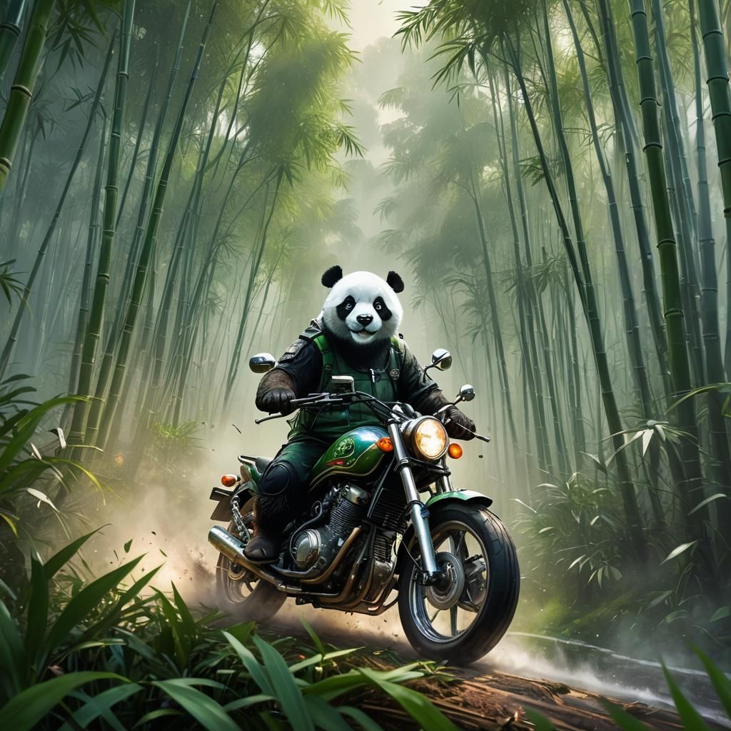 Panda on Motorcycle Through Misty Bamboo Forest