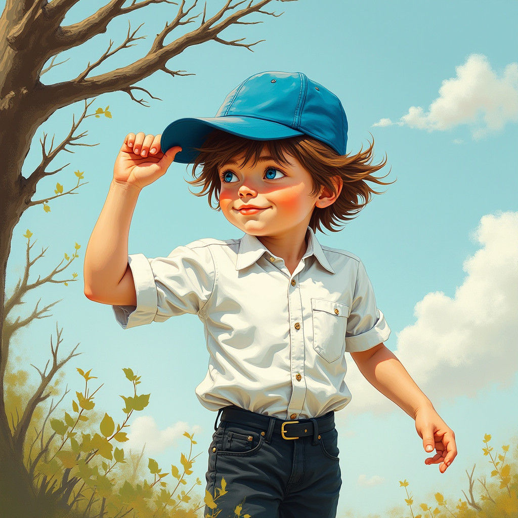 Boy Grips Cap in Windy Impressionistic Scene