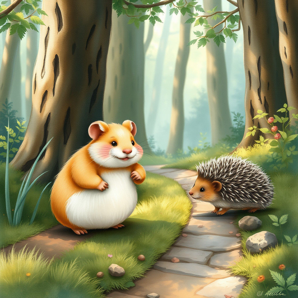 Hamster and Hedgehog Meet on Forest Path