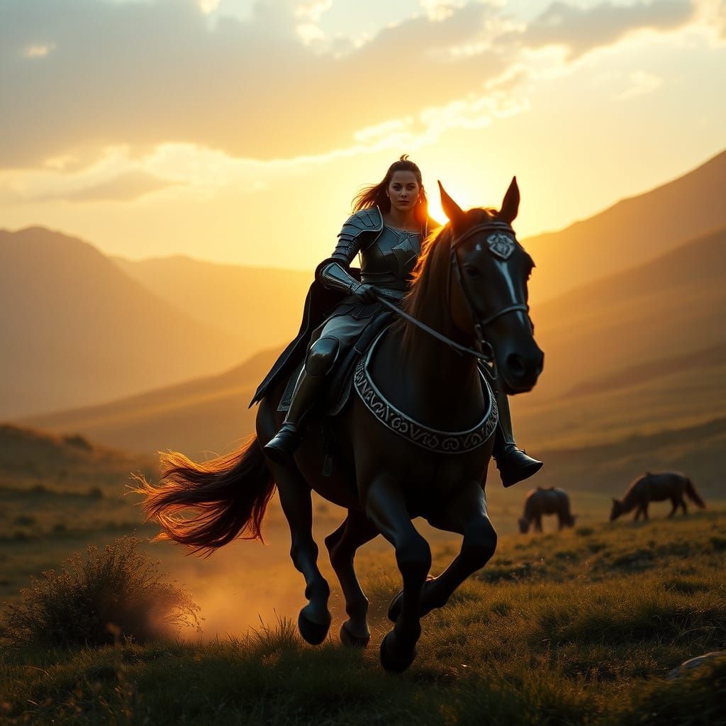 Epic Dawn Ride of a Female Knight in Ornate Armor