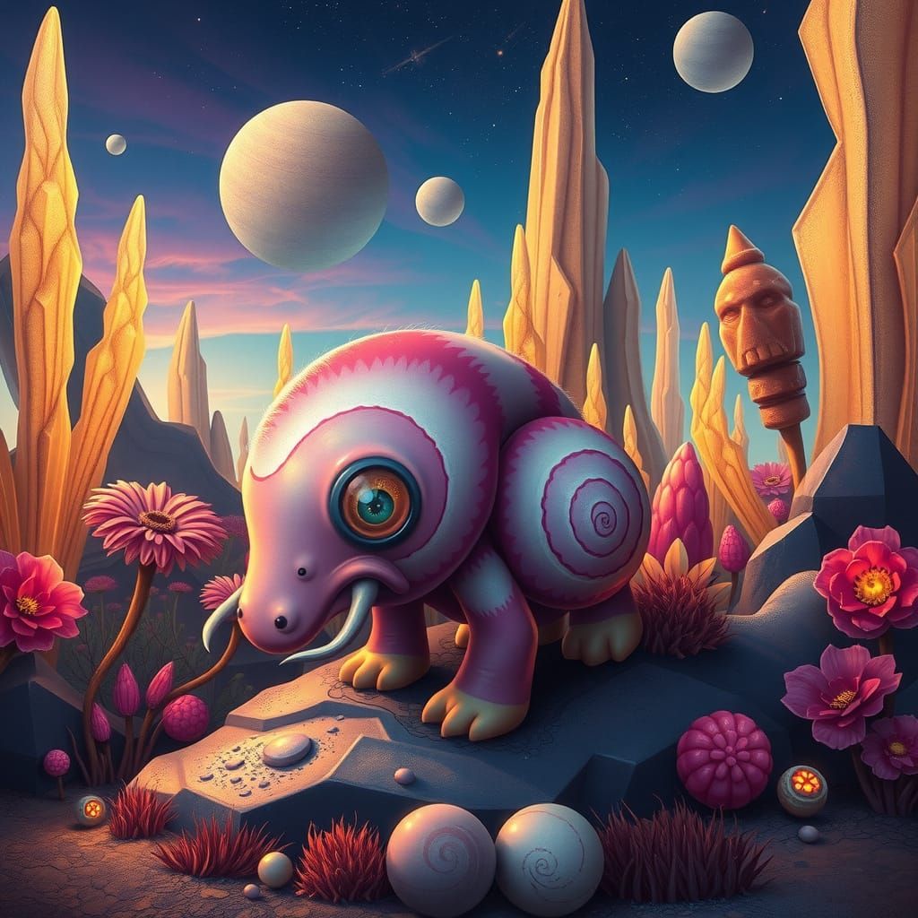 Luminous Ammonite Monster in Vibrant Biomechanical Landscape