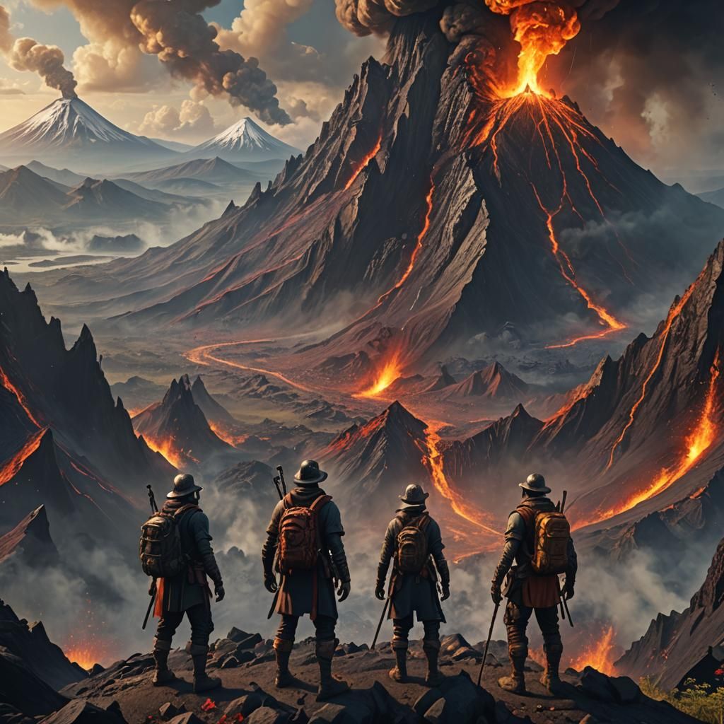 Adventurers Gaze at Volcanic Destination: Fantasy Concept Ar...