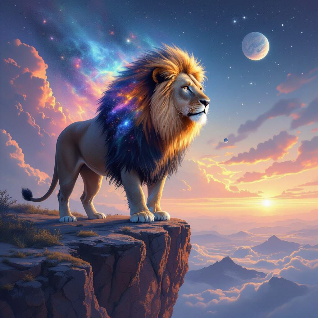 Galactic Lion on Cosmic Cliff, Ethereal Landscape