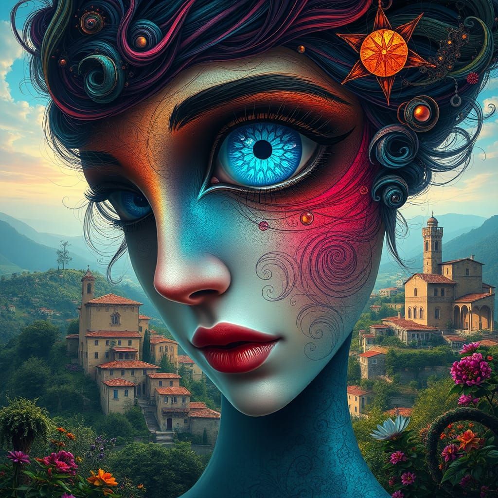 Mystical Woman with Blue Eye in Dreamlike Italian Village