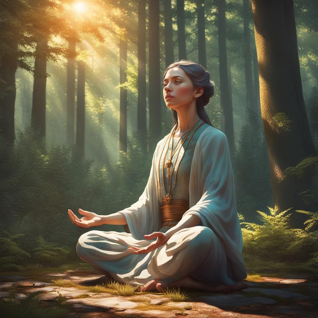 Levitating Meditating Woman in Sunny Forest