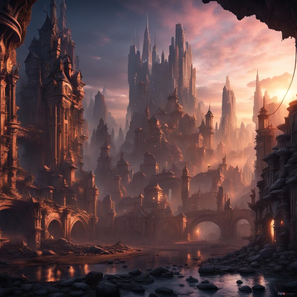 Underground City Rises at Dawn: Detailed Matte Painting