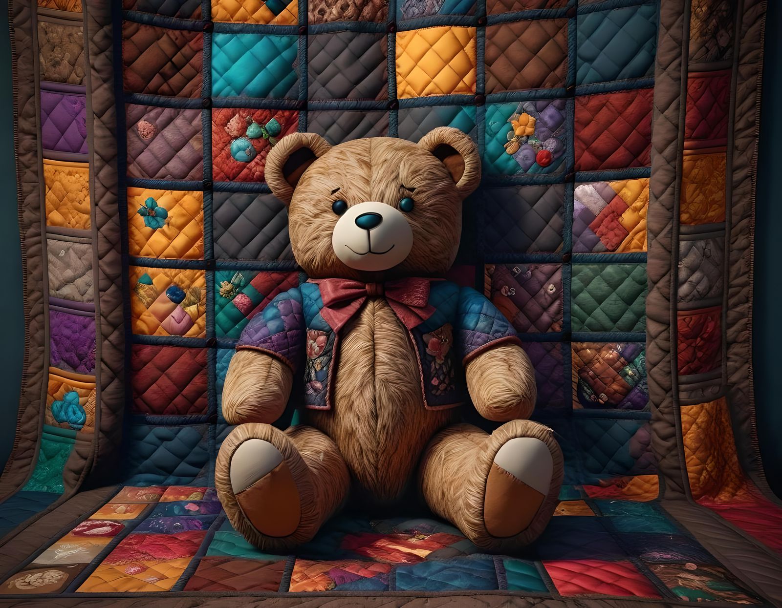 Hyperrealistic Patchwork Teddy Bear Display with Quilted Bac...
