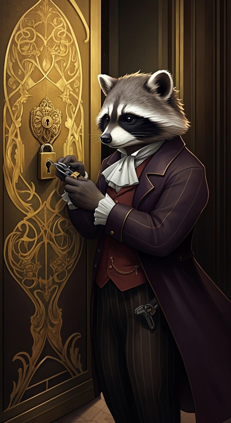 Victorian Raccoon Thief Opens Ornate Door, Art Nouveau Style