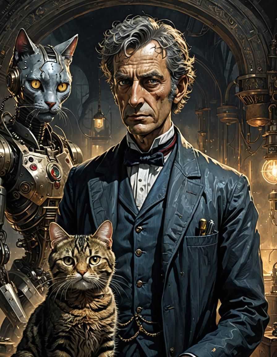 Cyborg Cat and Scientist in Gothic Horror Style