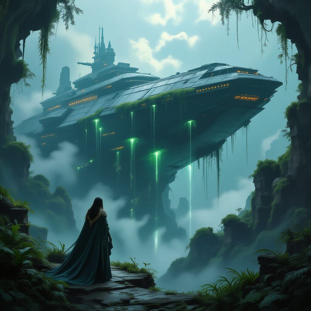 Tattered Empress on Ruined Starship in Alien Jungle