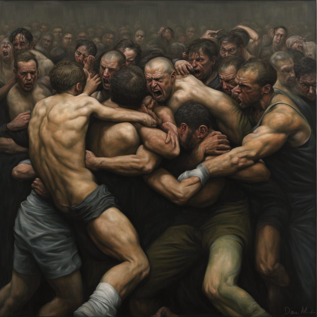 Eerie Oil Painting of Intense Brawl