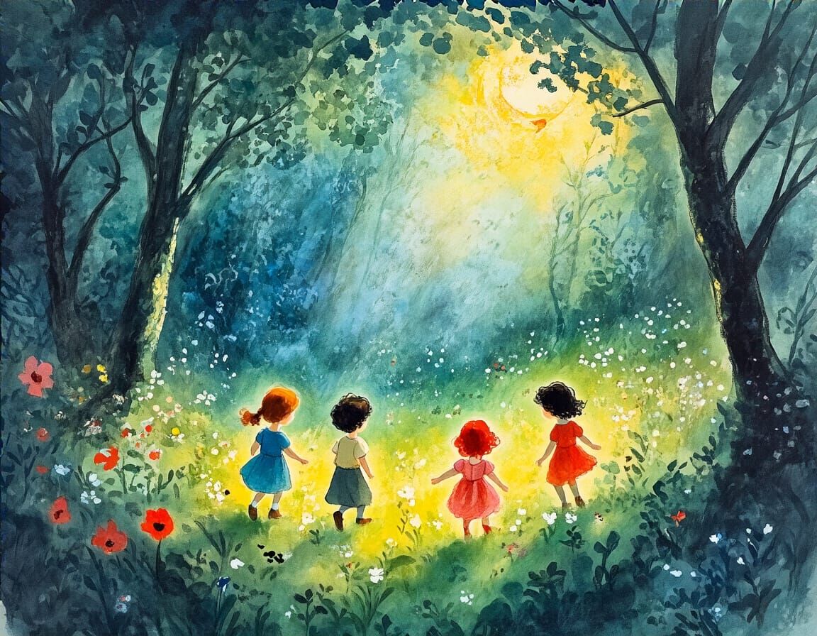 Magical Glade: Children Playing, Gouache Style