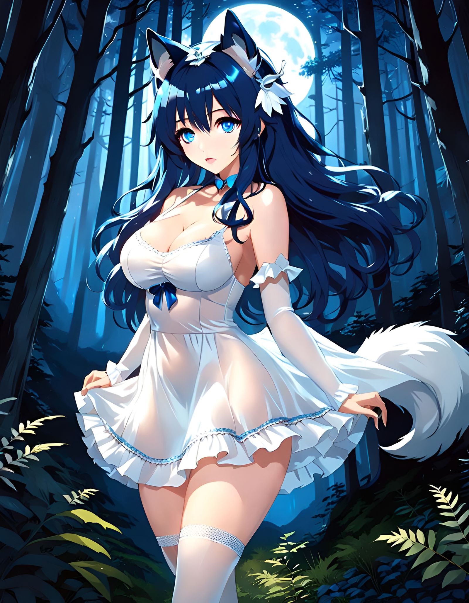 Anime Wolf Girl in Forest at Night