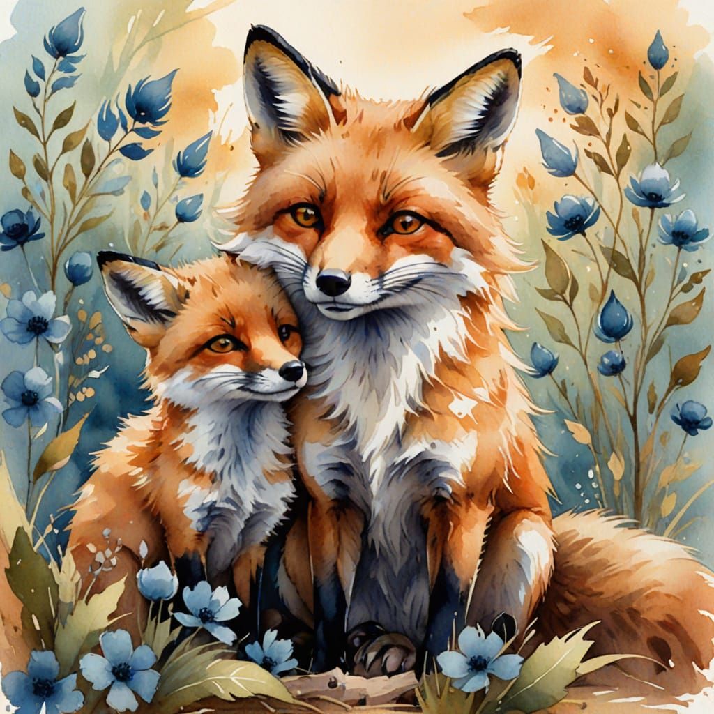 Fox Mothering Baby Bird: Whimsical Watercolor Illustration