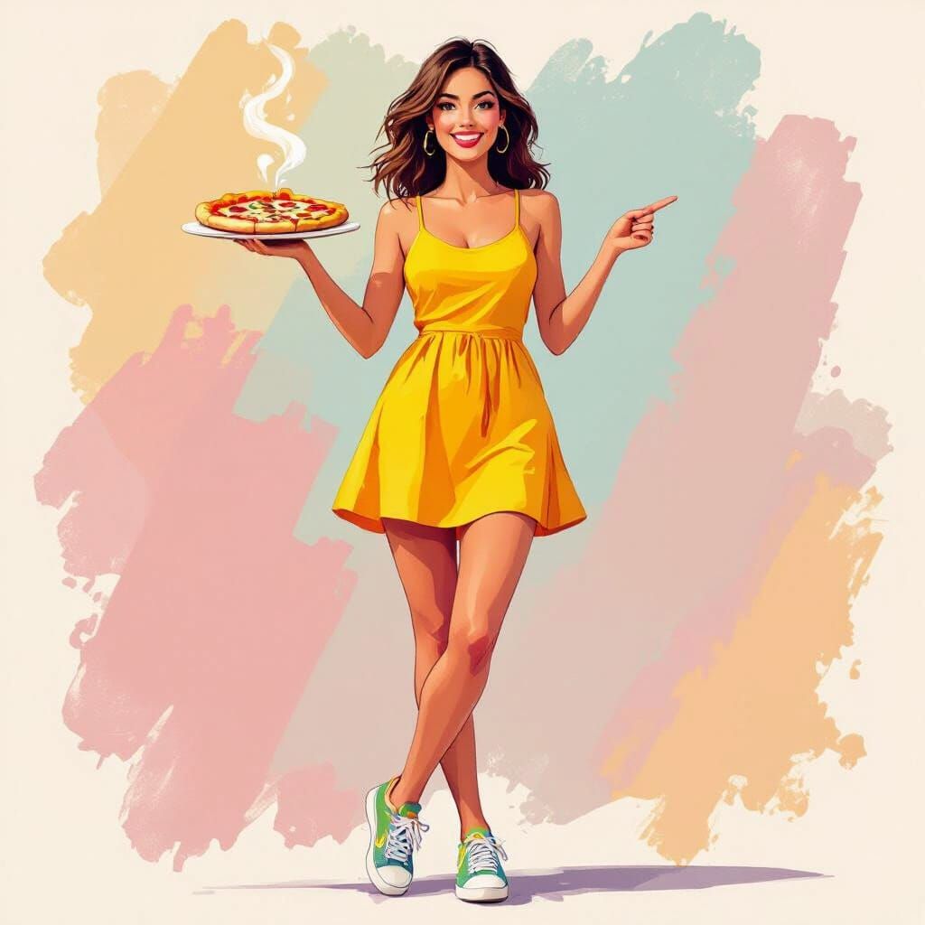Woman in Yellow Dress Holds Pizza, Points Cheerful